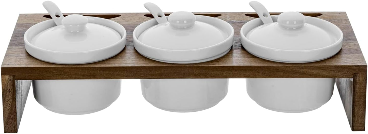 MyGift 10 Pcs Condiment Pot Serving Dish Set, Hosting Essentials, Premium Acacia Solid Wood Raised Display Server Tray and 3 Ceramic Ramekin Dip Bowls with Lids and Spoons