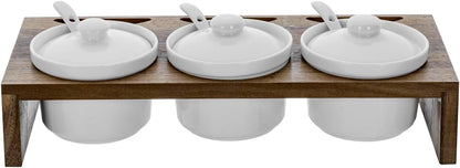 MyGift 10 Pcs Condiment Pot Serving Dish Set, Hosting Essentials, Premium Acacia Solid Wood Raised Display Server Tray and 3 Ceramic Ramekin Dip Bowls with Lids and Spoons