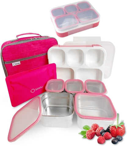 Stainless Steel Bento Lunch Box Set For Adults, Kids - Insulated Bag And Ice Pack - Leak-Proof Metal Compartment Meal Prep Food & Snack Containers For Work Travel School Daycare, 42 Oz Grey Black