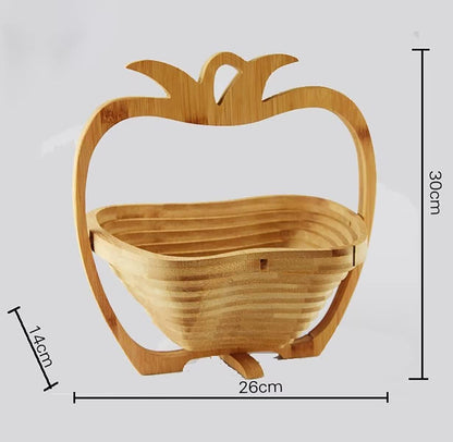 Foldable Bamboo Dried Fruit Basket Apple Shaped Collapsible Bread Nuts Baskets Candy Gifts Fruit Bowl Holder Wooden Snack Box for Kitchen Table