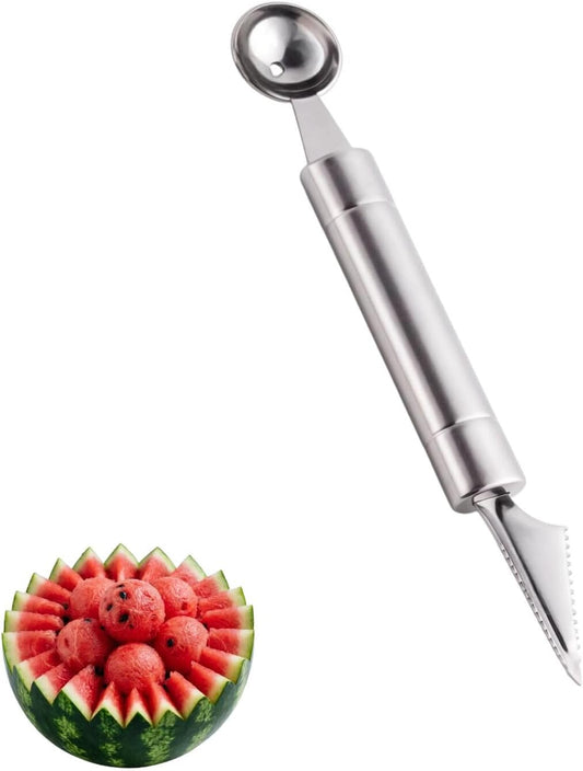 Double Ended Melon Baller & Fruit Carving Cuter, Stainless Steel Scoop Cutter Tool with Sharp V-Shaped Cutting Blade, DIY Tool for Watermelon, Cantaloupe, Ice Cream, Dessert, Meatball