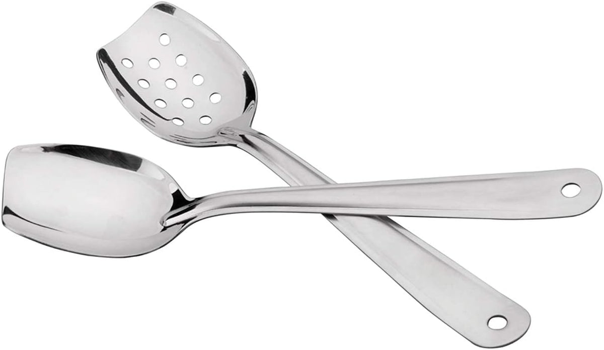 IMEEA 10 Inch Flat Bottom Scraping Cooking Spoon Set of 2, 18/8 Stainless Steel Slotted & Solid Stirring Spoon, Flat Edge Kitchen Spoon for Stir Fry, Sauce, Soup, Instant Pot