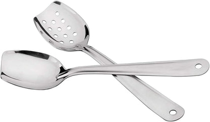 IMEEA 10 Inch Flat Bottom Scraping Cooking Spoon Set of 2, 18/8 Stainless Steel Slotted & Solid Stirring Spoon, Flat Edge Kitchen Spoon for Stir Fry, Sauce, Soup, Instant Pot