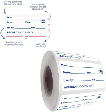 500pcs Food Safety Date Labels - Record Keeping Stickers with Pre-Printed Item, Date, Time Fields, English Letter and Number Pattern, Paper Material - for Kitchen Organization