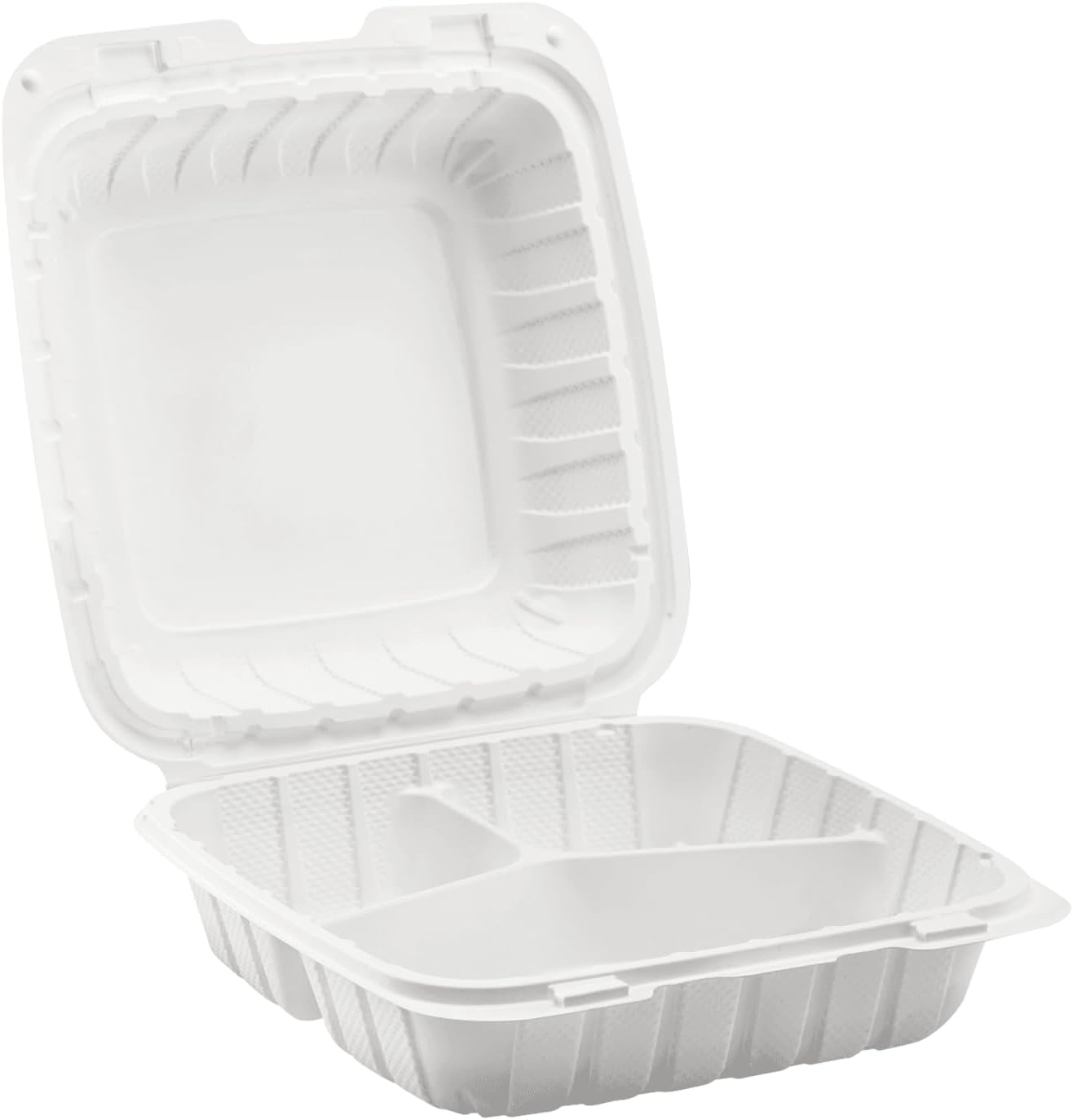KARAT EARTH Clamshell Take Out Food Containers [8"x8" - 200 ct] To Go Containers | 3 Compartment, Soak-Resistant, Durable, Stackable | Vented for Hot/Cold Foods, White