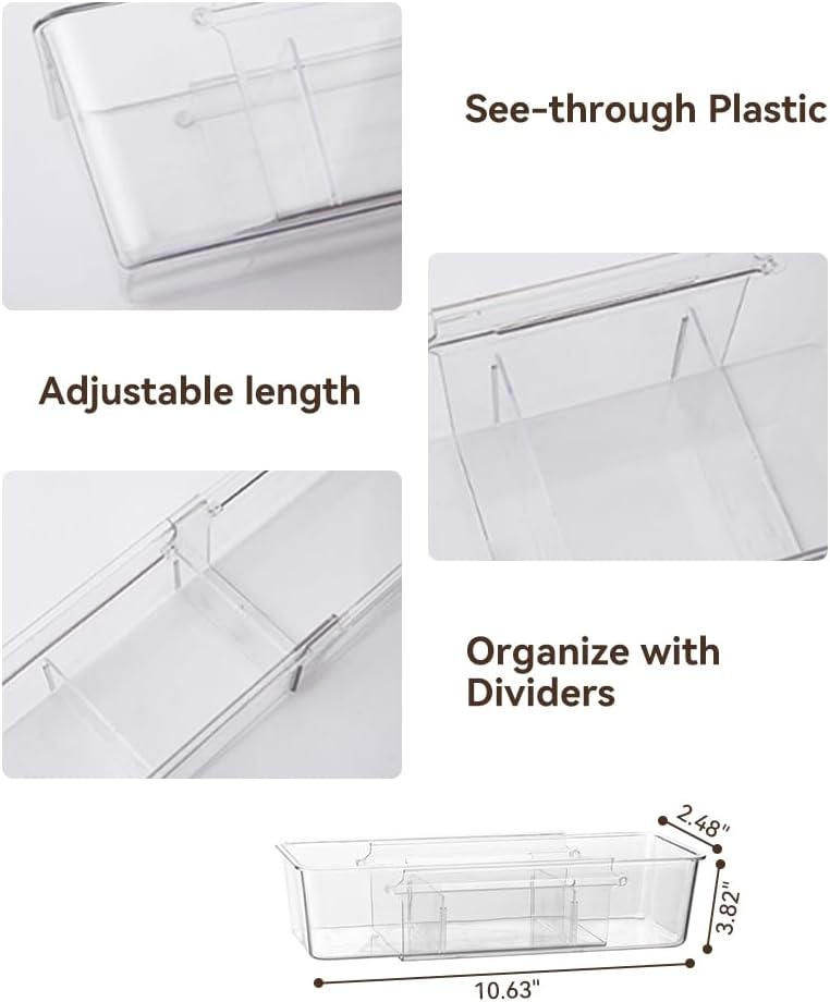 Expandable Desk Drawer Organizer Bins with Removable Dividers, Clear & Durable BPA-Free PET Plastic, for Vanity, Kitchen, Bathroom, Office, and Bedroom Storage, 3-Pack