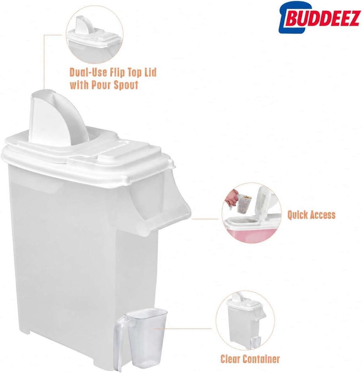 Buddeez 32 Quart Pet Food Dispenser with Lid - Airtight Storage for Dog Food, Cat Food, and Bird Seed - Easy Pour Spout for Mess Free Serving