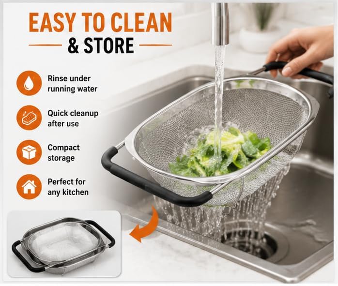 Expandable Over Sink Colander, Stainless Steel Mesh Strainer Basket with Extendable Handles, Kitchen Sink Colander for Washing Fruits, Vegetables, Pasta & Food Draining