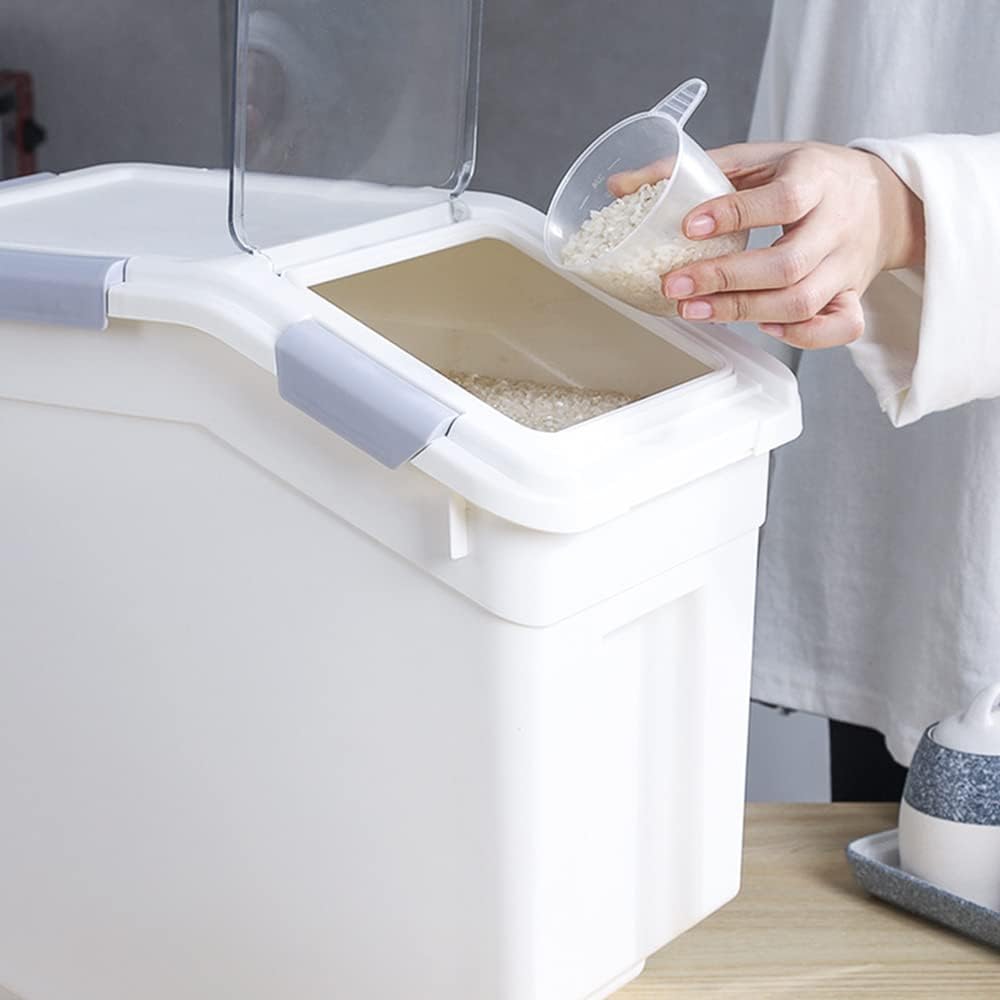 Airtight Flour Storage Container 25 lb Rice Storage Container with Wheels Seal Locking Lid, Food Containers with Measuring Cup& Scoop for Flour, Rice, Grain(Cyan)