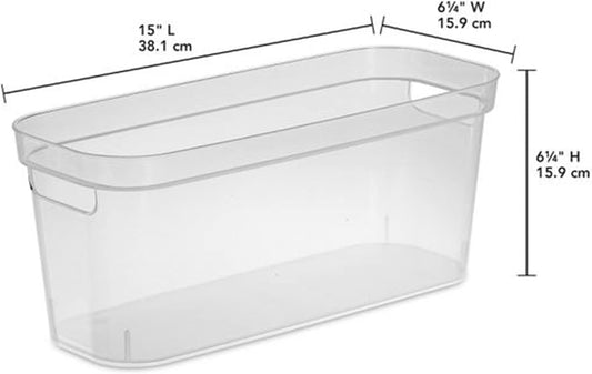 Sterilite 6.25 x 6.25 x 15 Inch Narrow Modern Storage Bin with Comfortable Carry Through Handles and Banded Rim for Household Organization, Clear