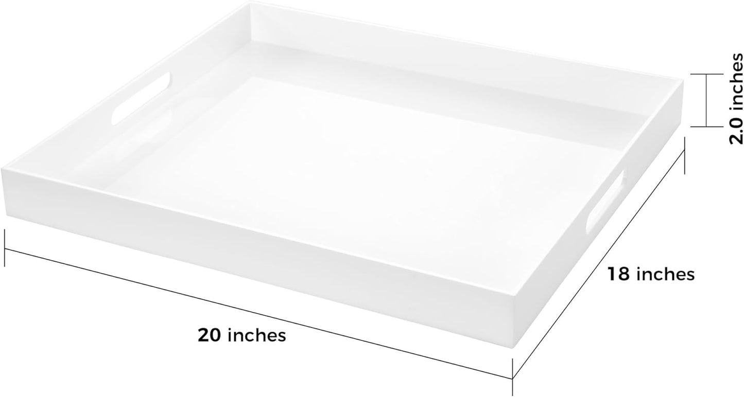 White Rectangular 14x20 Inches Acrylic Ottoman Tray Decorative Serving Tray with Cutout Handles Organizer Tray on Coffee Table Countertop Big Breakfast Bed Tray Living Room Appetizer Serving Food