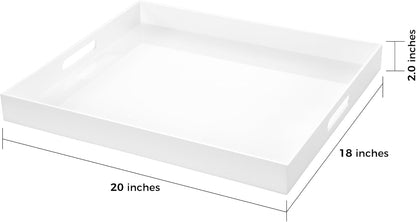 White Rectangular 14x20 Inches Acrylic Ottoman Tray Decorative Serving Tray with Cutout Handles Organizer Tray on Coffee Table Countertop Big Breakfast Bed Tray Living Room Appetizer Serving Food