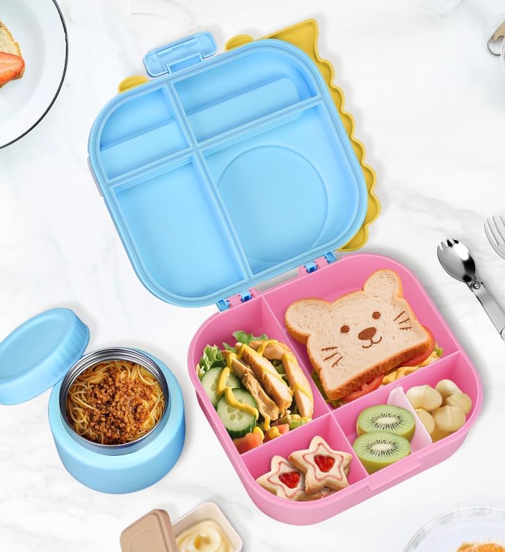 Aimsnk Magical Dinosaur Kids Lunch Box Set -12oz Insulated Food Jar, Leakproof Lunch Food Containers Cutlery, Leak-Proof Sauce Cup & Spoon, Gradient Green+Jar Green