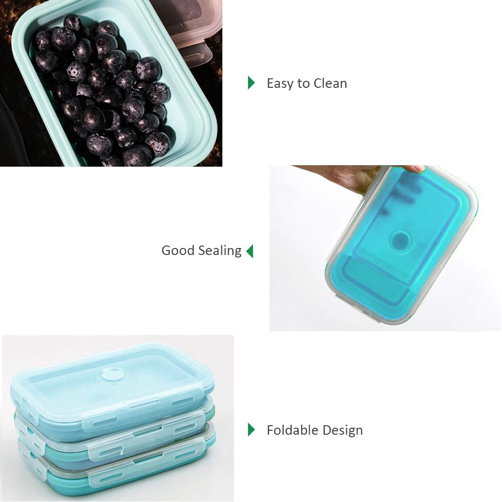 Alimat PluS 40.5oz Silicone Collapsible Food Storage Containers with Lids, 3 Pack Set 1200ml Folding Large Meal Prep Lunch Containers, Microwave, Freezer and Dishwasher Safe