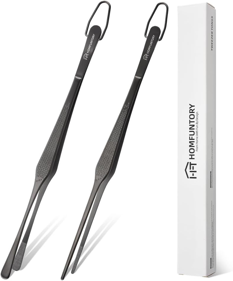 Stainless Steel Cooking Tweezers, 12-Inch Precision Kitchen Tweezers with Star Dot Texture, Wider Grip & Elevated Tips | Galaxy Grip Series, 2 Pcs (Black)