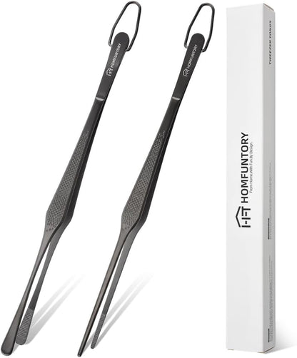 Stainless Steel Cooking Tweezers, 12-Inch Precision Kitchen Tweezers with Star Dot Texture, Wider Grip & Elevated Tips | Galaxy Grip Series, 2 Pcs (Black)