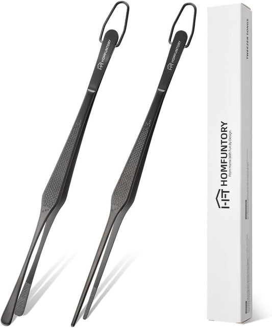 Stainless Steel Cooking Tweezers, 12-Inch Precision Kitchen Tweezers with Star Dot Texture, Wider Grip & Elevated Tips | Galaxy Grip Series, 2 Pcs (Black)