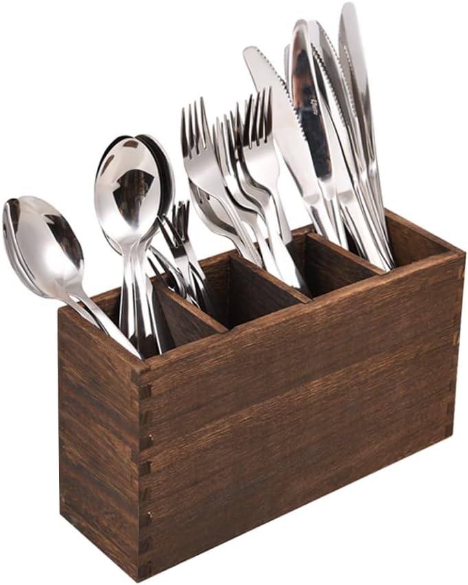 WuGeShop Wood Cutlery Caddy, Kitchen Utensil Organizer with 4 Compartments, Silverware Storage Kitchen Countertop Flatware Organizer