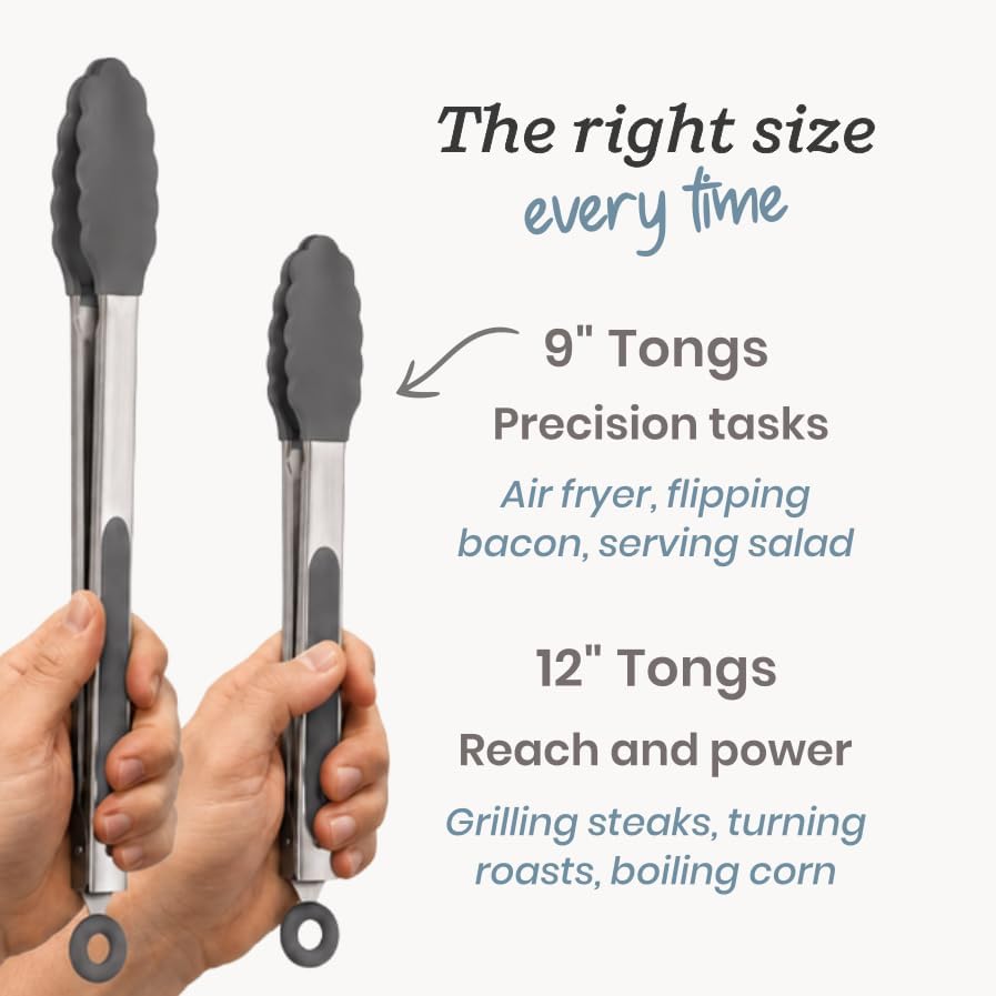 Starpack Get a Grip Silicone Kitchen Tongs (2-Pack, 9" + 12") - LFGB Non Toxic, 600°F Heat Resistant, BPA-Free - Heavy-Duty Stainless Steel, Locking - Dishwasher Safe for Nonstick Cookware