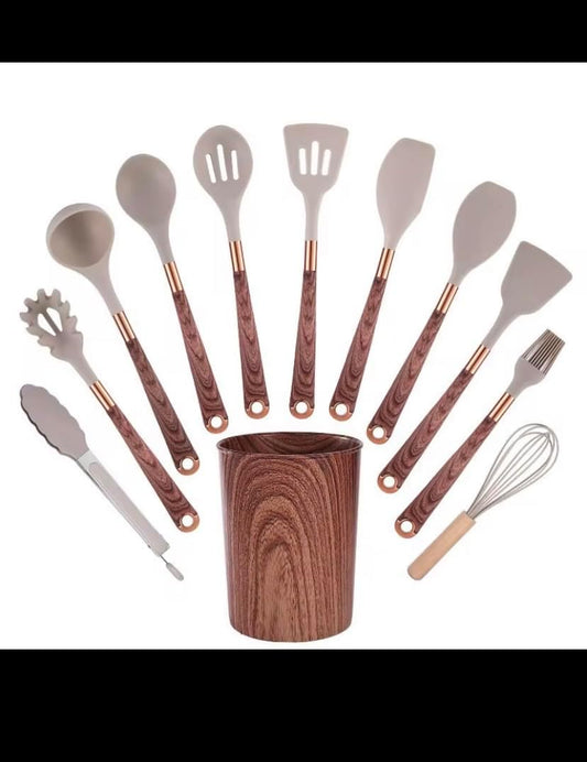 12-Piece Silicone Kitchen Utensils Set - Non-Stick Heat Resistant Cooking Tools with Wooden Handles & Holder Bucket - BPA-Free Kitchen Gadgets Set for Nonstick Cookware