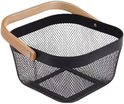 AJIODA Metal Mesh Wire Basket, Large Steel Basket with Wooden Handle Storage Organizer Basket Multi-functional Hanging Kitchen Baskets Fruit Baskets for Kitchen Bathroom Cabinet Pantry Snacks, Black