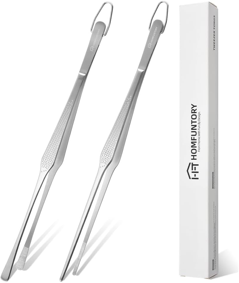 Stainless Steel Cooking Tweezers, 12-Inch Precision Kitchen Tweezers with Star Dot Texture, Wider Grip & Elevated Tips | Galaxy Grip Series, 2 Pcs (Black)