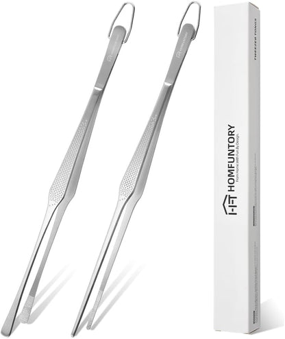 Stainless Steel Cooking Tweezers, 12-Inch Precision Kitchen Tweezers with Star Dot Texture, Wider Grip & Elevated Tips | Galaxy Grip Series, 2 Pcs (Black)