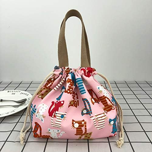 enyuwlcm Mini Lunch Tote Pouch Reusable Small Cute Lunch Bag with Drawstring Suitable for Girls Women Cat Blue