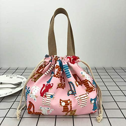 enyuwlcm Mini Lunch Tote Pouch Reusable Small Cute Lunch Bag with Drawstring Suitable for Girls Women Cat Blue