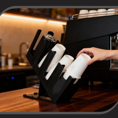 Paper Cup and Lid Holder Plastic Disposable Coffee Cup Dispenser with 4 Compartment Adjusting for Countertop Coffee Station Bar Office Home Restaurant Kitchens (Black)