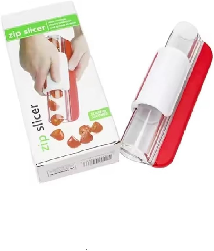 Tomato Slicer & Grape Cutter for Cherry Tomatoes – Safe Fruit Cutter with Hidden Stainless Steel Blade, Easy Push Small Fruit Slicer for Grapes, Strawberries & Snacks, Dishwasher Safe, Red