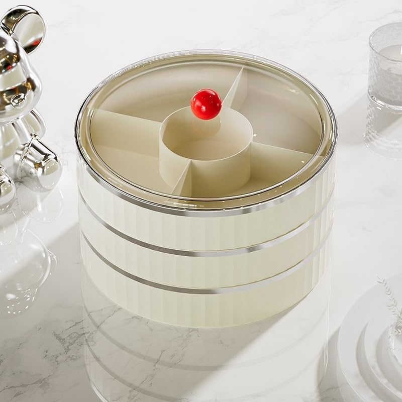 Rotating Snack Organizer with Lid,Accessible Luxury and High-End Snacks, Melon Seeds, Candies, Dried Fruits and Nuts Plate, Living Room Coffee Table, High-Looking Fruit Plate (Cream)