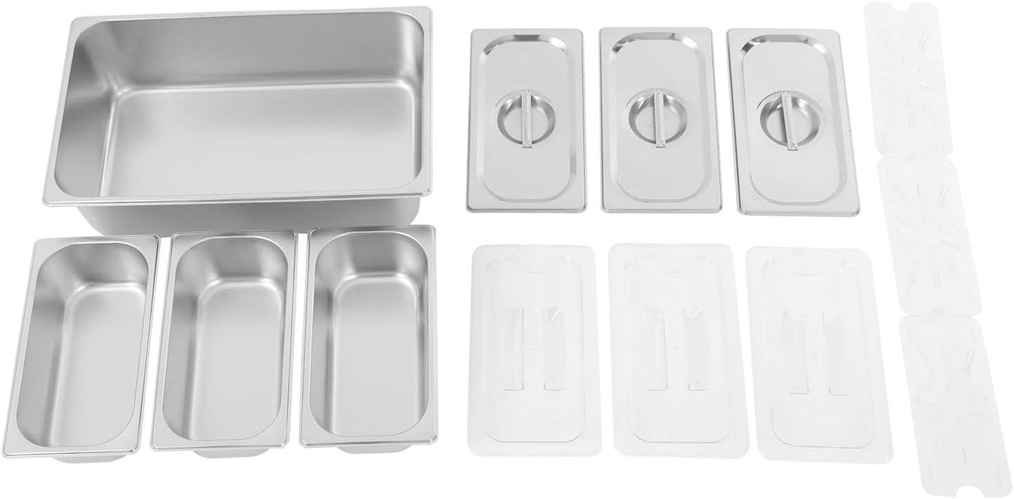 3/4/6 Compartment Stainless Steel Fruit Serving Set with Removable Acrylic Lids, Drainage Mats - Commercial Food Storage Containers for Buffet, Restaurant (3-Pan)