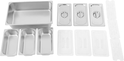 3/4/6 Compartment Stainless Steel Fruit Serving Set with Removable Acrylic Lids, Drainage Mats - Commercial Food Storage Containers for Buffet, Restaurant (3-Pan)