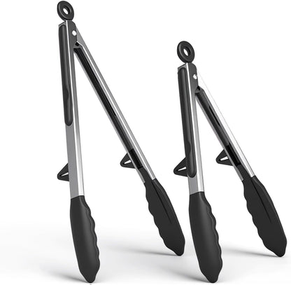 Kitchen Tongs Set of 2 (9” & 12”) – Stainless Steel & Silicone Cooking Tongs with Built-in Stand & Dishwasher Safe – Heat Resistant up to 600°F – Perfect for Grilling, BBQ, Salad & Frying