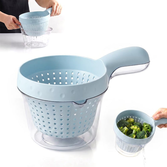 2-in-1 Detachable Fruit Washing Basket, Double-Layer Strainer Colander Bowl Set with Ergonomic Handle, BPA-Free Mess-Free Drain Bowl for Berries/Vegetables/Pasta, 7.48" Small Kitchen Colander (Green)