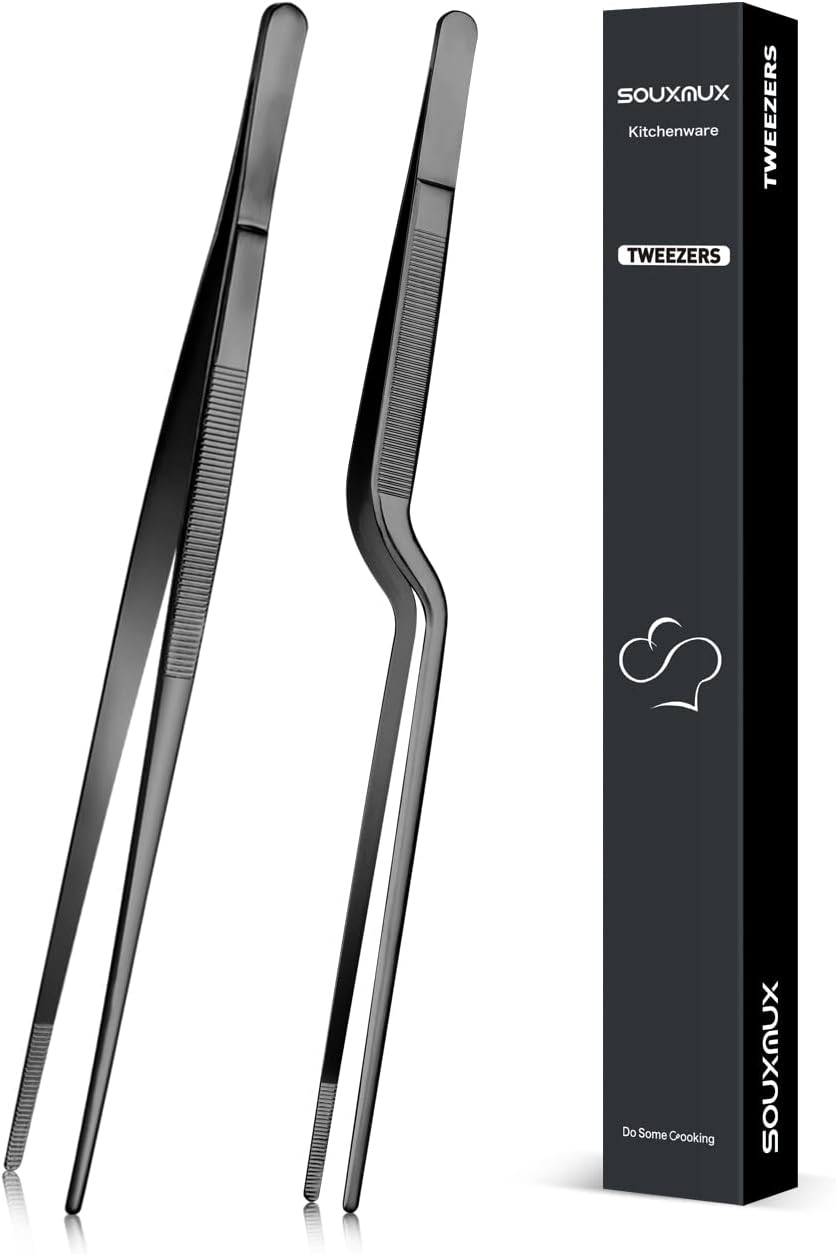 10-inch Cooking Tweezer and Offset Tweezer Set, Tongs Precision Serrated Tips, Stainless Steel Professional Chef Tweezer Kitchen Tools for BBQ, Plating and Serving
