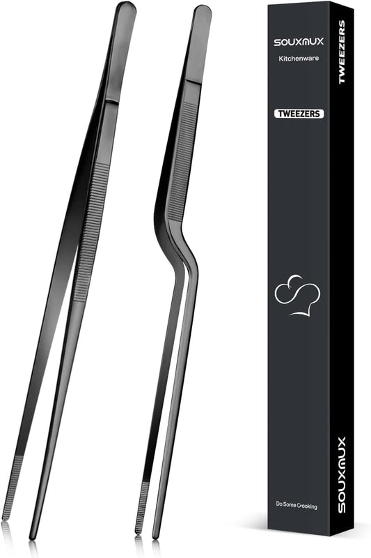 10-inch Cooking Tweezer and Offset Tweezer Set, Tongs Precision Serrated Tips, Stainless Steel Professional Chef Tweezer Kitchen Tools for BBQ, Plating and Serving