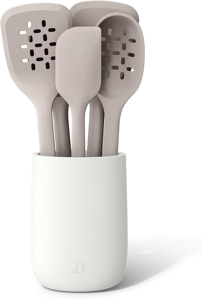 6 Piece Silicone Kitchen Utensil Set with Holder, Heat Resistant Cooking Tools, Nonstick Safe Spatula Spoon Turner Set with Ceramic Storage Crock