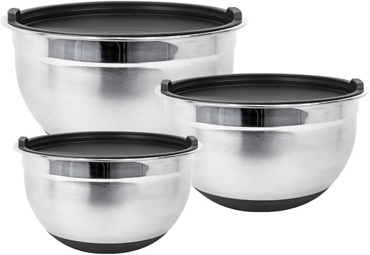 Stainless Steel Mixing Bowls with Lids and Non Slip Bases (Set of 3, Red)