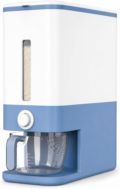 Proarea Rice Dispenser 25 Lbs, Airtight Grain Rice Storage Container with Measuring Cup, One-Touch Dry Food Dispenser for Kitchen Pantry, Clear Scale Window, Grey