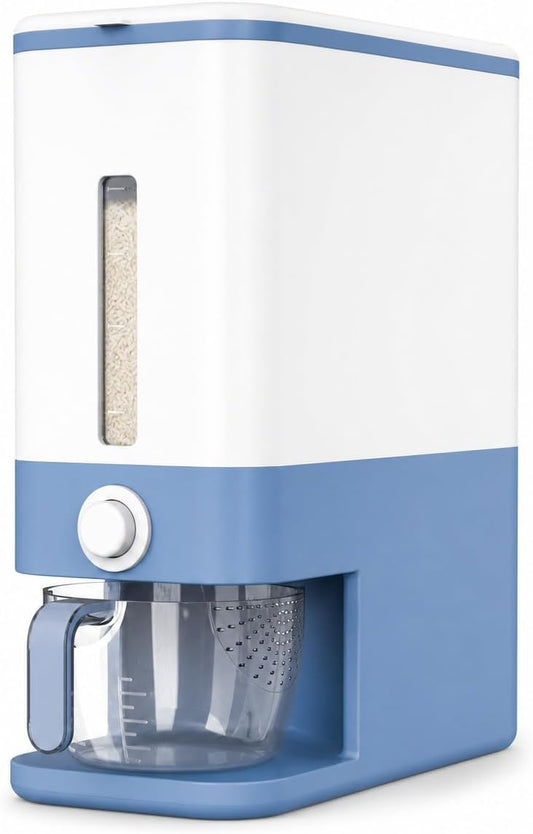 Proarea Rice Dispenser 25 Lbs, Airtight Grain Rice Storage Container with Measuring Cup, One-Touch Dry Food Dispenser for Kitchen Pantry, Clear Scale Window, Grey