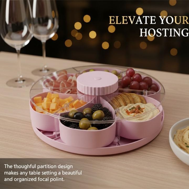 Divided Spin and Snack Serving Tray,Rotating Lazy Susan Charcuterie Board,Multi-Compartment Food Organizer Design,Portable Travel Snackle Box with Rotating Cover - Ideal Hostess Gift (Blue)