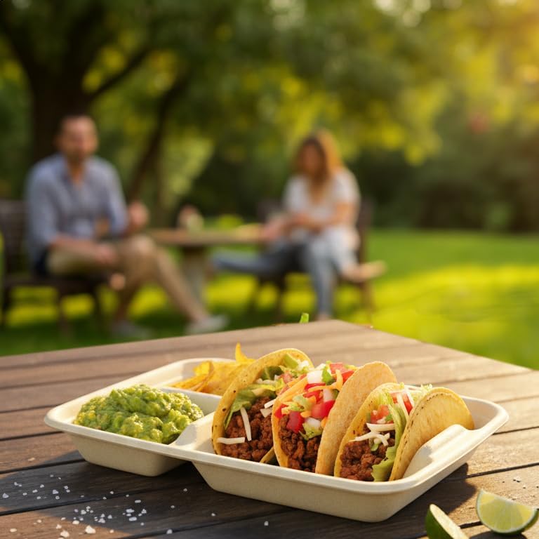 3-Taco & 2-Sides Taco Plates, Disposable Paper Plates with Dividers – 25 PACK | Taco Tray for Party, Fiesta Taco Holder, Taco Stand for Taco Tuesday & Taco Bar, Microwave-Safe Taco Plates (25 Plates)