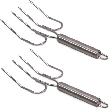 2-Pack Stainless Steel Turkey Lifter Multi-end Turkey Fork Pork Steak Grill Fork BBQ Hot Dog Roasting Sticks Camping Needle Skewers Thanksgiving