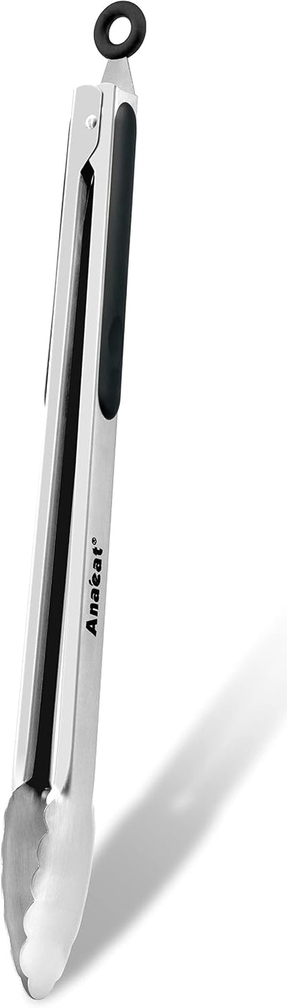 Anaeat Premium Kitchen Locking Tong Set of 3 - Heavy Duty Stainless Steel Food Tongs with Long Handle & Non-Slip Silicone Grip for Cooking, Baking, Grilling - Heat Resistant up to 480°F