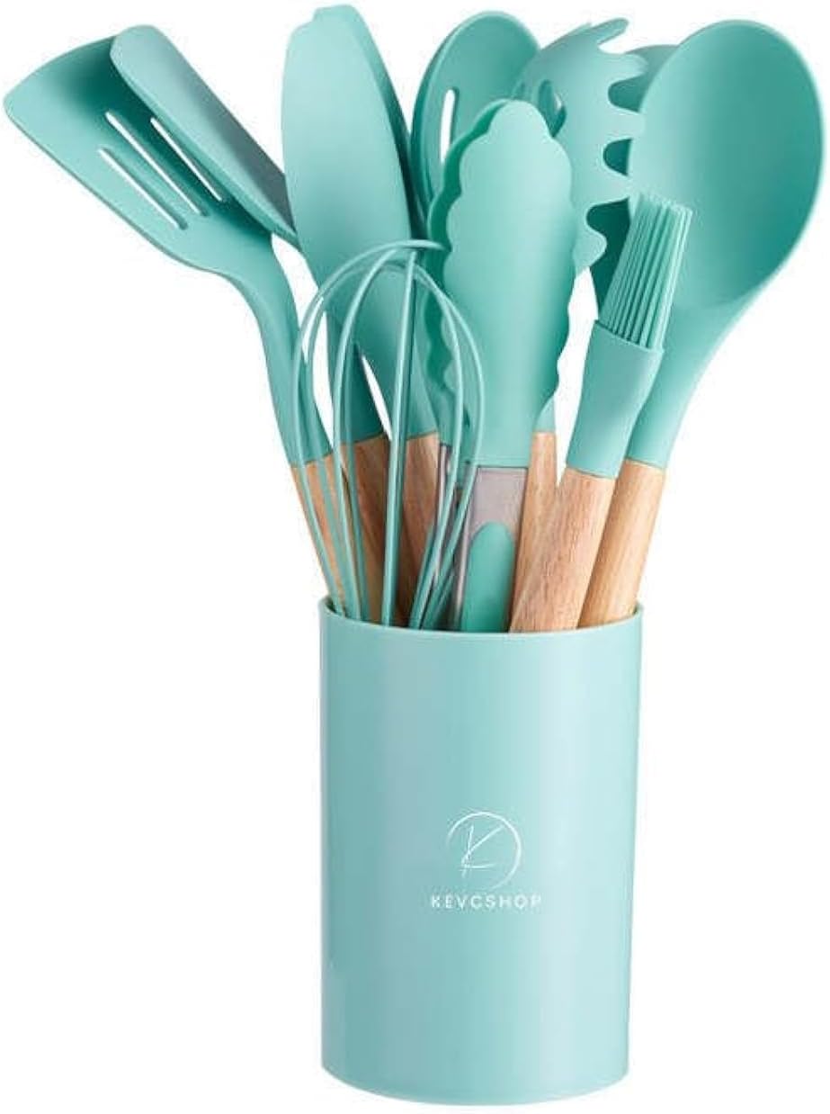 Deluxe 12-Piece Silicone Kitchen Utensils Set with Durable Cooking Tools - Heat Resistant Nonstick Cookware Essentials, Includes Spoon, Spatula, Ladle, and Utensil Set Holder (Turquoise)