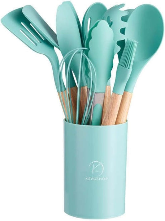 Deluxe 12-Piece Silicone Kitchen Utensils Set with Durable Cooking Tools - Heat Resistant Nonstick Cookware Essentials, Includes Spoon, Spatula, Ladle, and Utensil Set Holder (Turquoise)