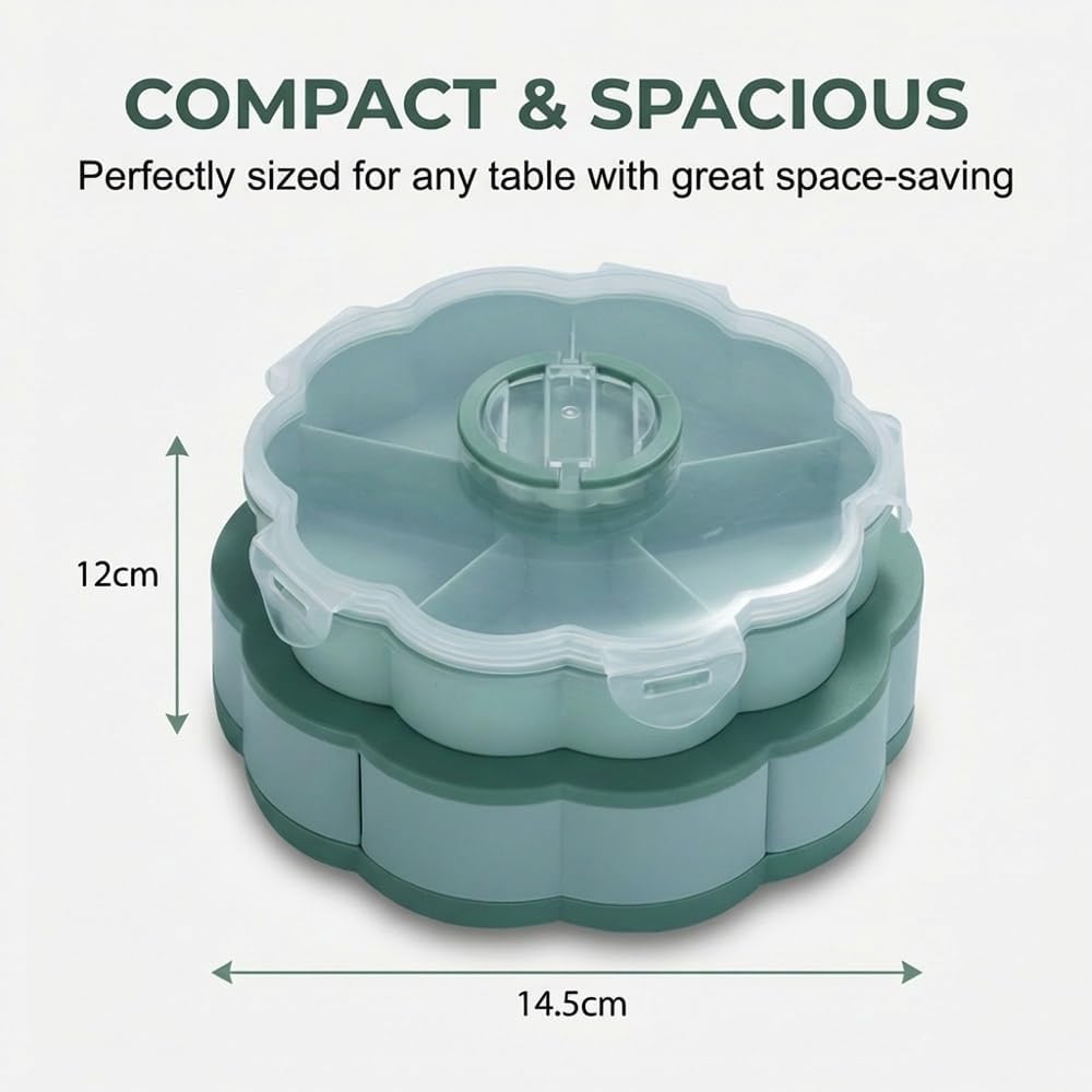 Divided Serving Tray that Spins, Rotating Snack Box Container with Lid for Snacks, Cake, Fruit, Veggie, Dips & Party Appetizers, Lazy Susan Snackle Box Container (Double Layer)