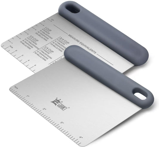 Bench & Dough Scraper Set of 4, Flexible Stainless Steel Kitchen Scraper with Platinum Silicone Non-Slip Grip, Multipurpose Food Scraper for Dough, Dishwasher Safe, Measuring Scale & Conversion Chart